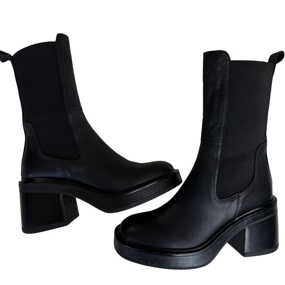Steve Madden Women Flynn Retro 90s Square Toe Black Leather Boots 6.5 US/ EUR 37